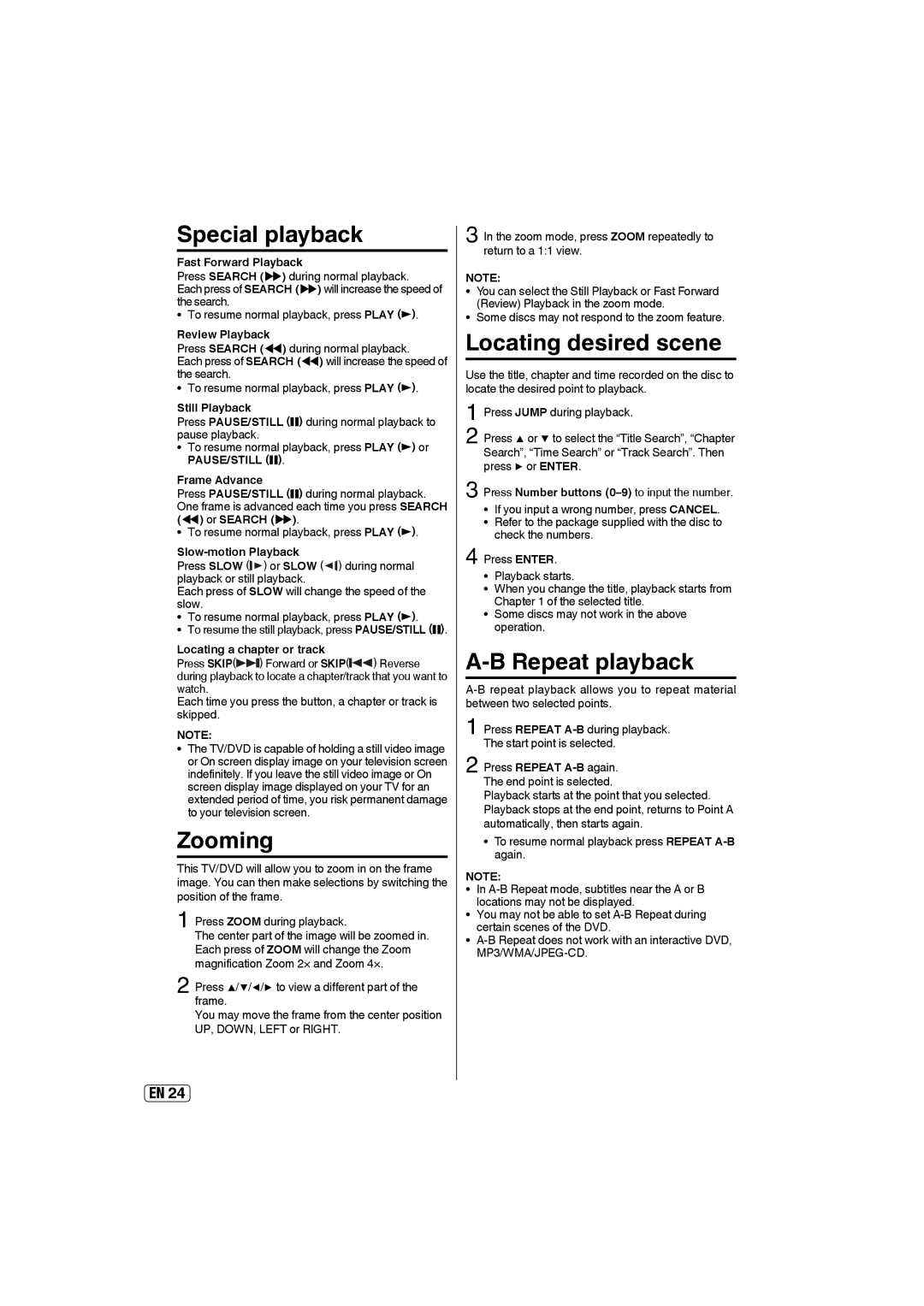 Sansui SLEDVD197 owner manual Special playback, Zooming 