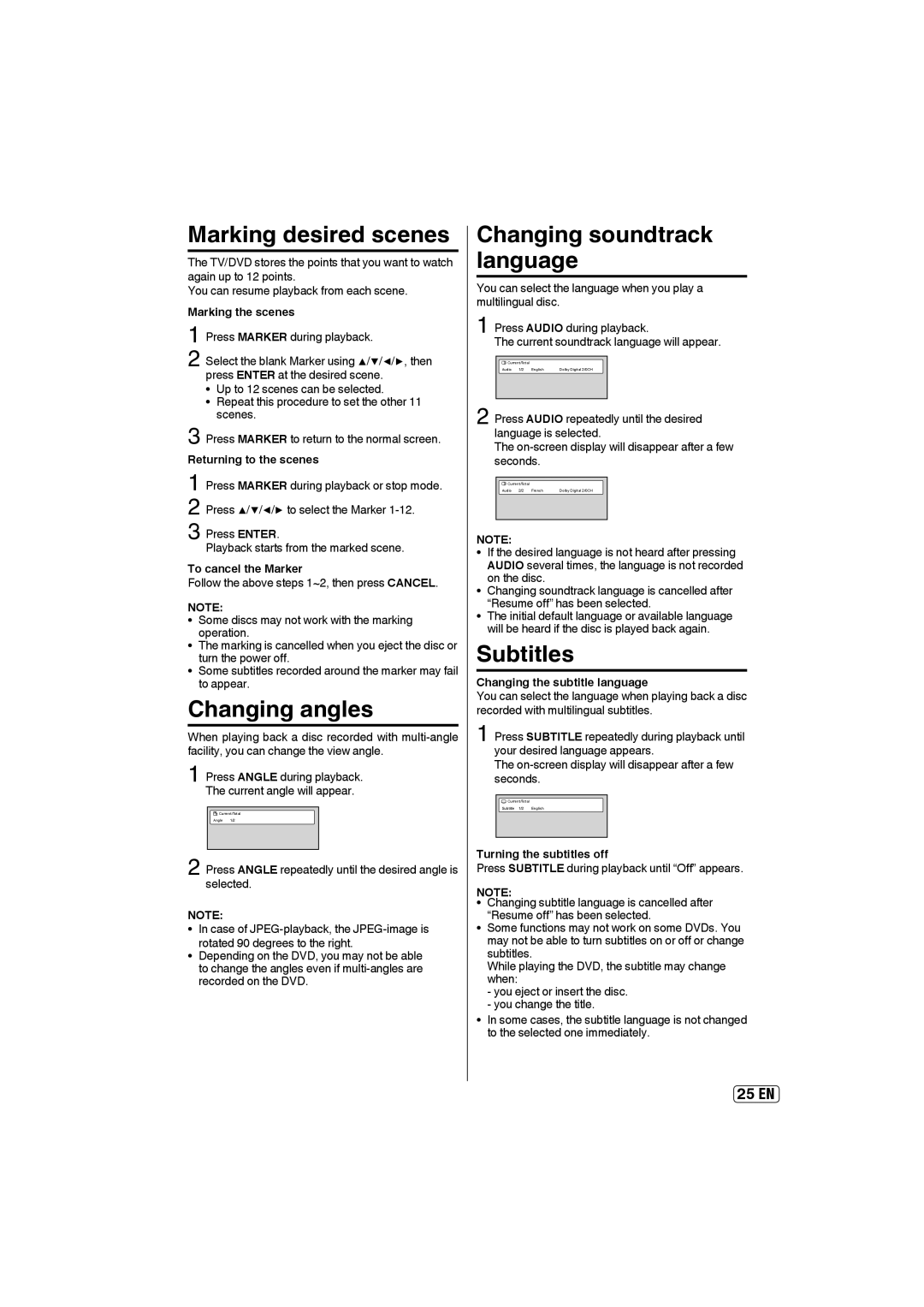 Sansui SLEDVD197 owner manual Marking desired scenes, Changing angles, Marking the scenes, Returning to the scenes 