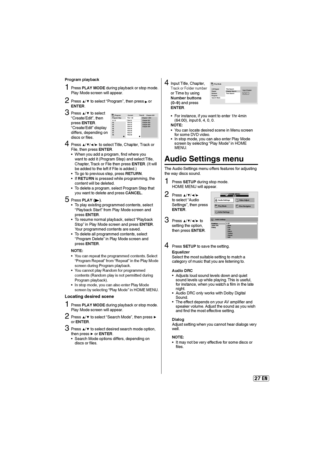 Sansui SLEDVD197 owner manual Audio Settings menu, Locating desired scene 