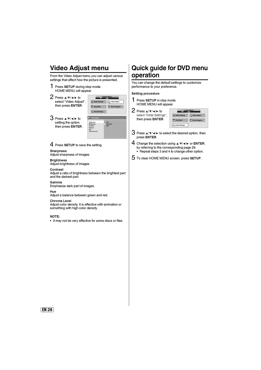 Sansui SLEDVD197 owner manual Video Adjust menu, Quick guide for DVD menu operation 