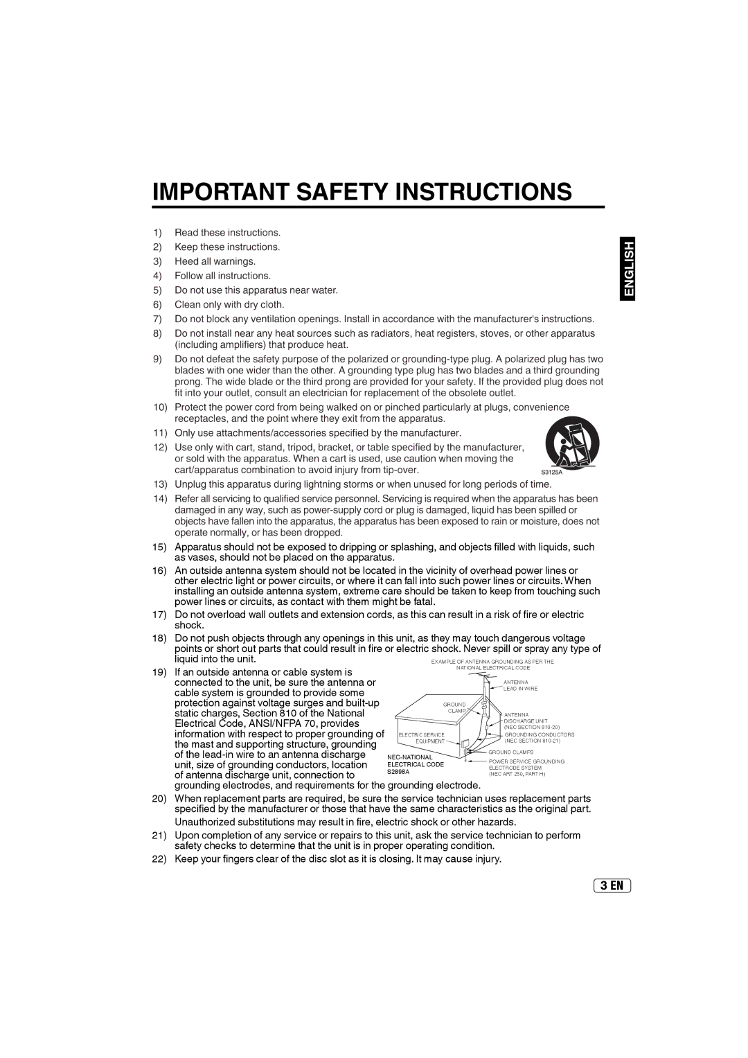 Sansui SLEDVD197 owner manual Important Safety Instructions, Information with respect to proper grounding 