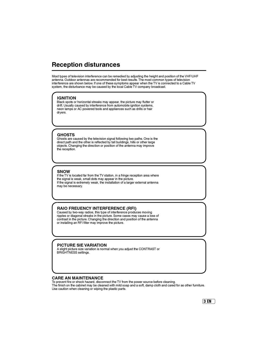 Sansui SLEDVD197 owner manual Reception disturbances, Ignition 