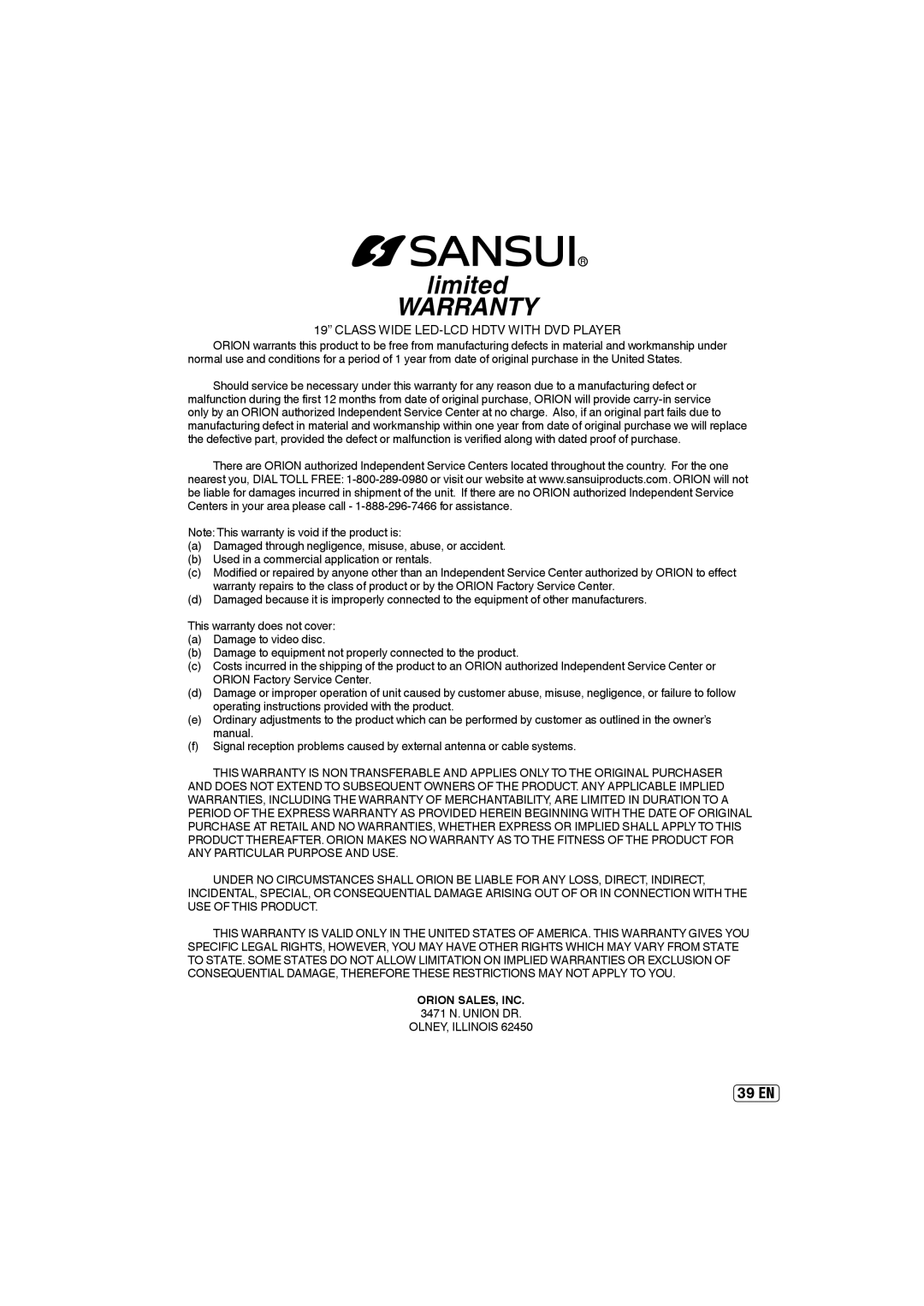 Sansui SLEDVD197 owner manual Orion SALES, INC, 3471 N. Union DR 