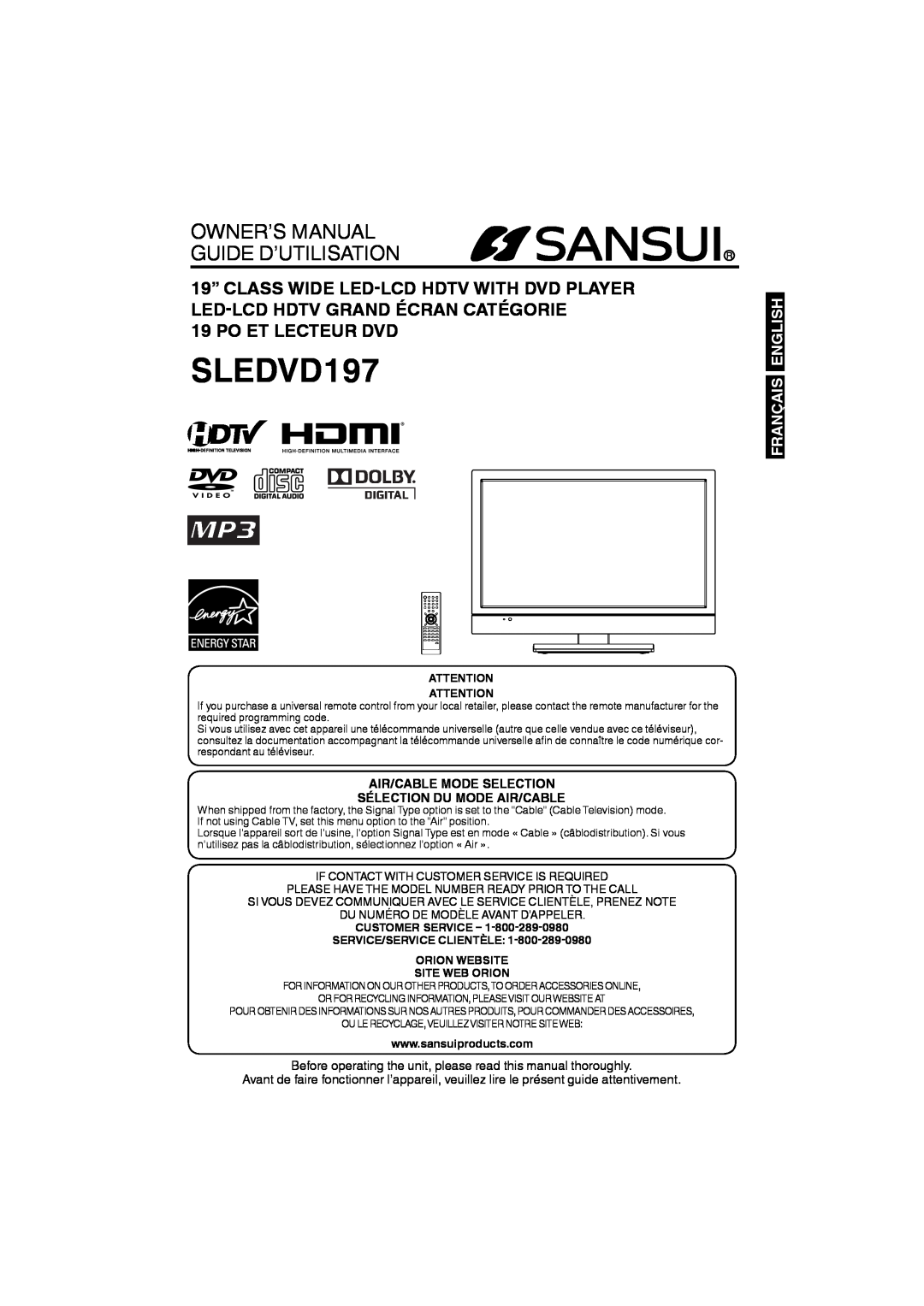 Sansui SLEDVD197 owner manual Air/Cable Mode Selection Sélection Du Mode Air/Cable, Owner’S Manual Guide D’Utilisation 