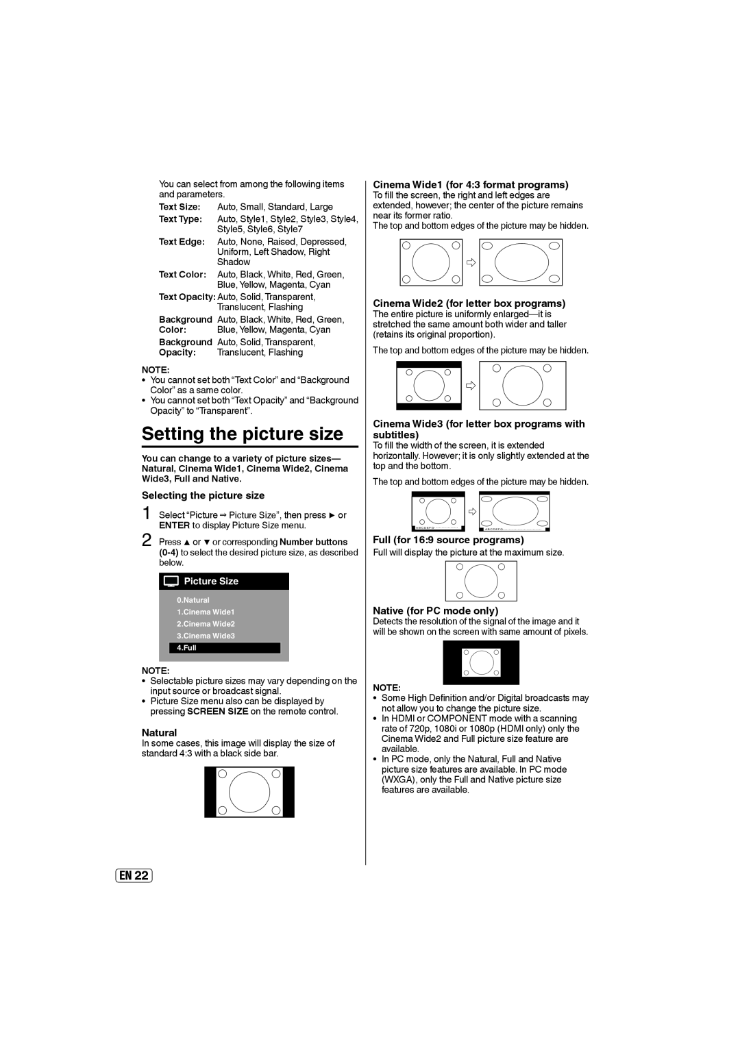 Sansui SLEDVD197 Setting the picture size, Selecting the picture size, Natural, Full for 169 source programs, Picture Size 