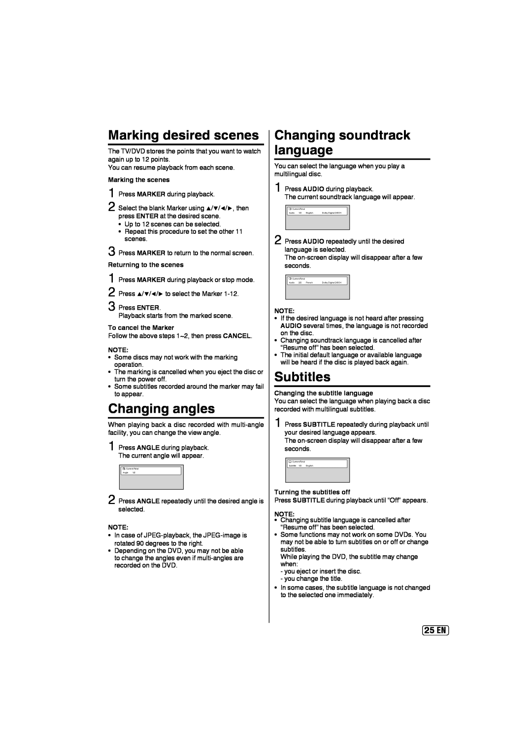 Sansui SLEDVD197 owner manual Marking desired scenes, Changing angles, 25 EN, Marking the scenes, Returning to the scenes 