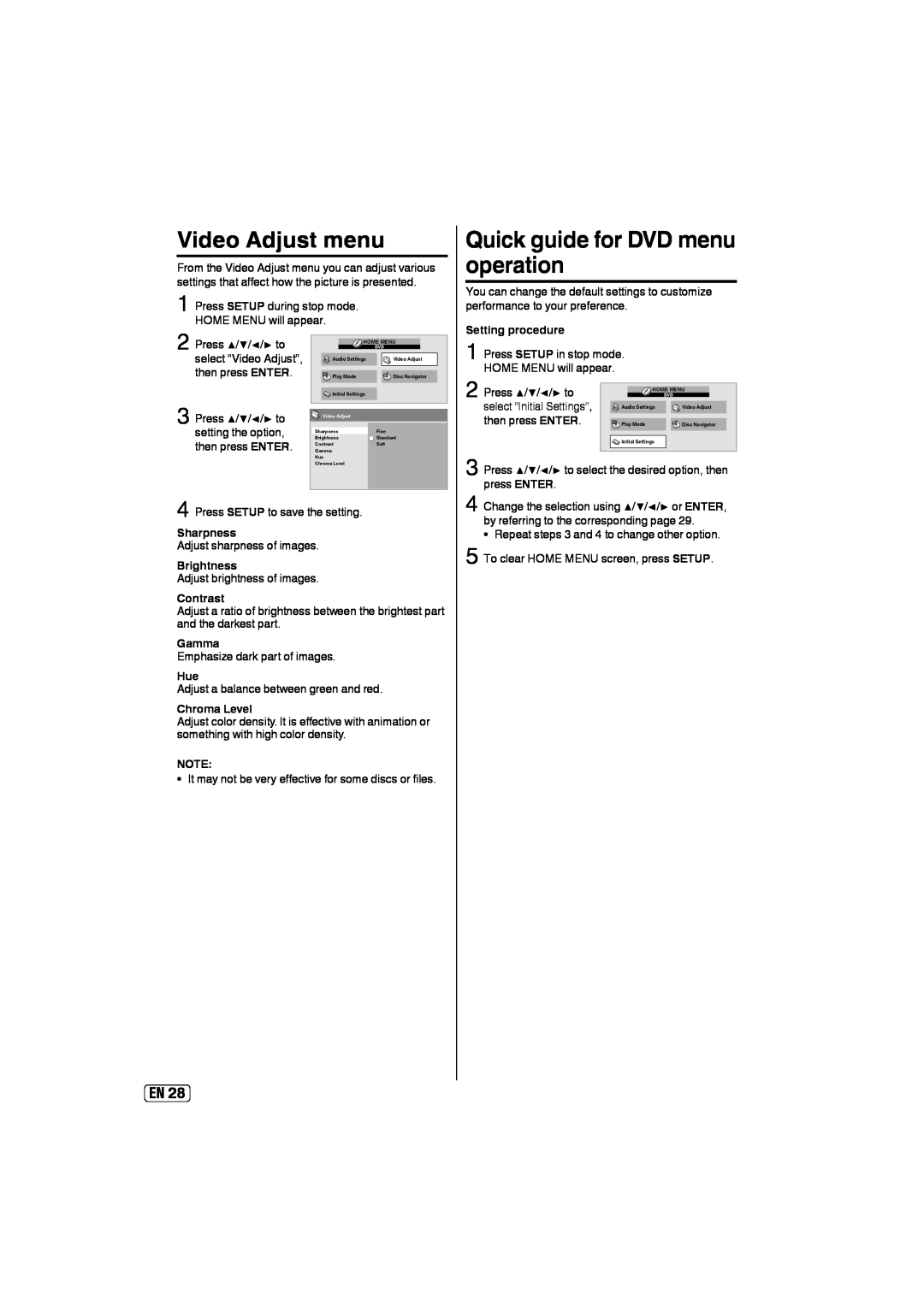 Sansui SLEDVD197 owner manual Video Adjust menu, Quick guide for DVD menu operation, Sharpness, Brightness, Contrast, Gamma 