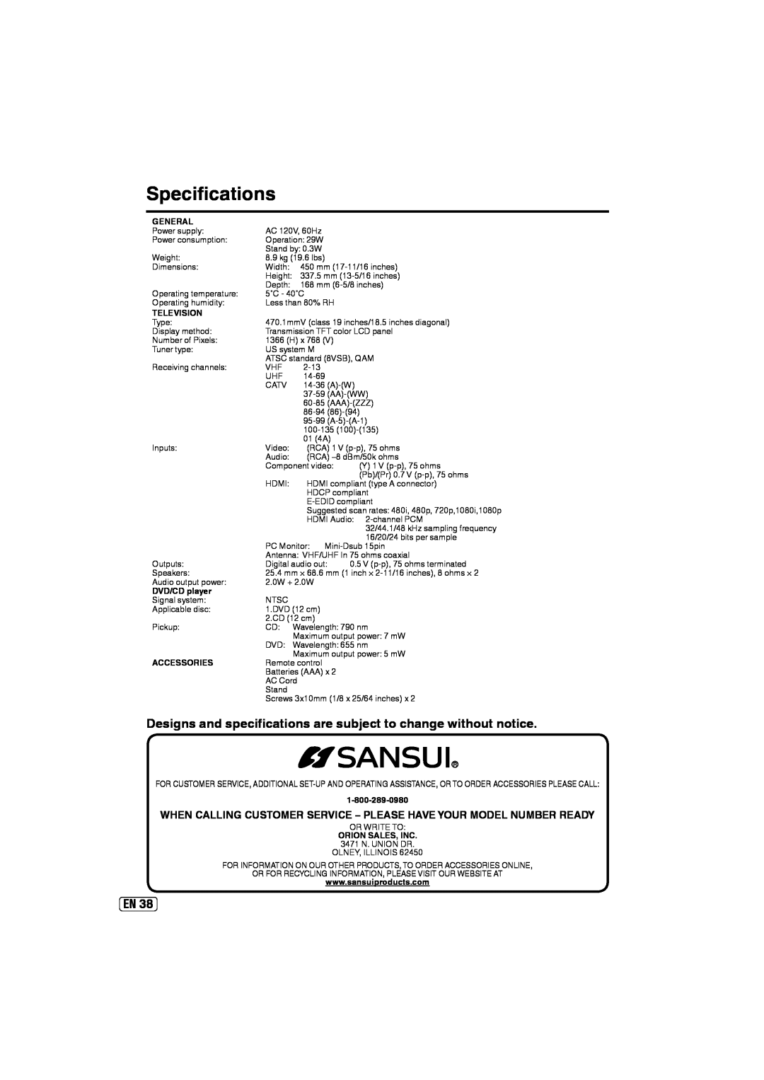 Sansui SLEDVD197 Specifications, Designs and specifications are subject to change without notice, General, Television 
