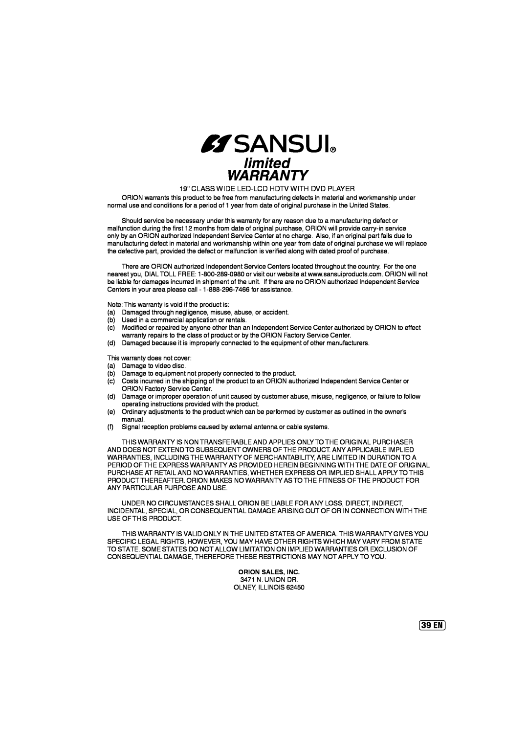 Sansui SLEDVD197 owner manual 39 EN, limited WARRANTY, Orion Sales, Inc 