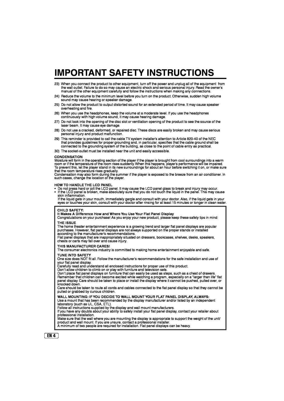 Sansui SLEDVD197 Important Safety Instructions, Condensation, How To Handle The Lcd Panel, Child Safety, The Issue 