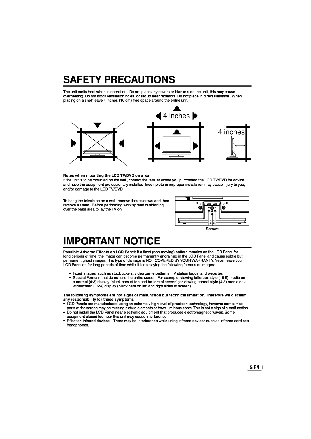 Sansui SLEDVD197 Safety Precautions, Important Notice, 5 EN, inches 4 inches, Notes when mounting the LCD TV/DVD on a wall 
