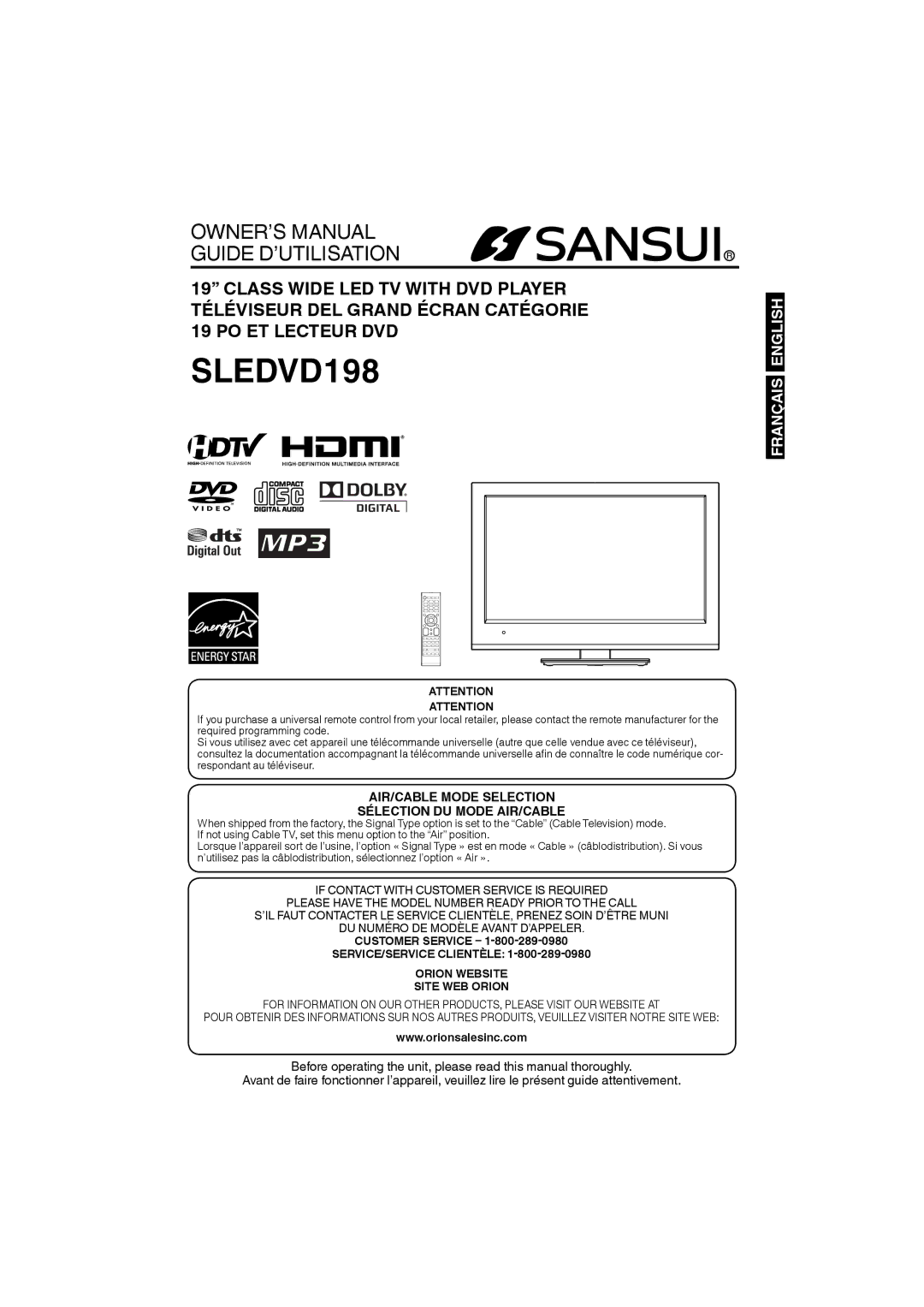 Sansui SLEDVD198 owner manual Customer Service, SERVICE/SERVICE Clientèle Orion Website Site WEB Orion 