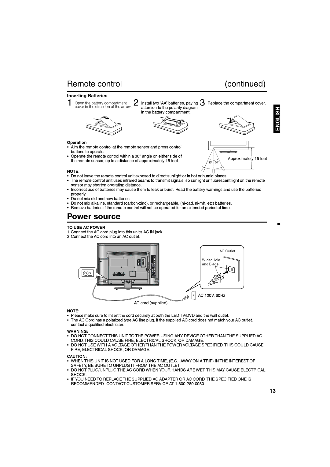 Sansui SLEDVD198 owner manual Remote control, Power source, Inserting Batteries, Operation, To USE AC Power 