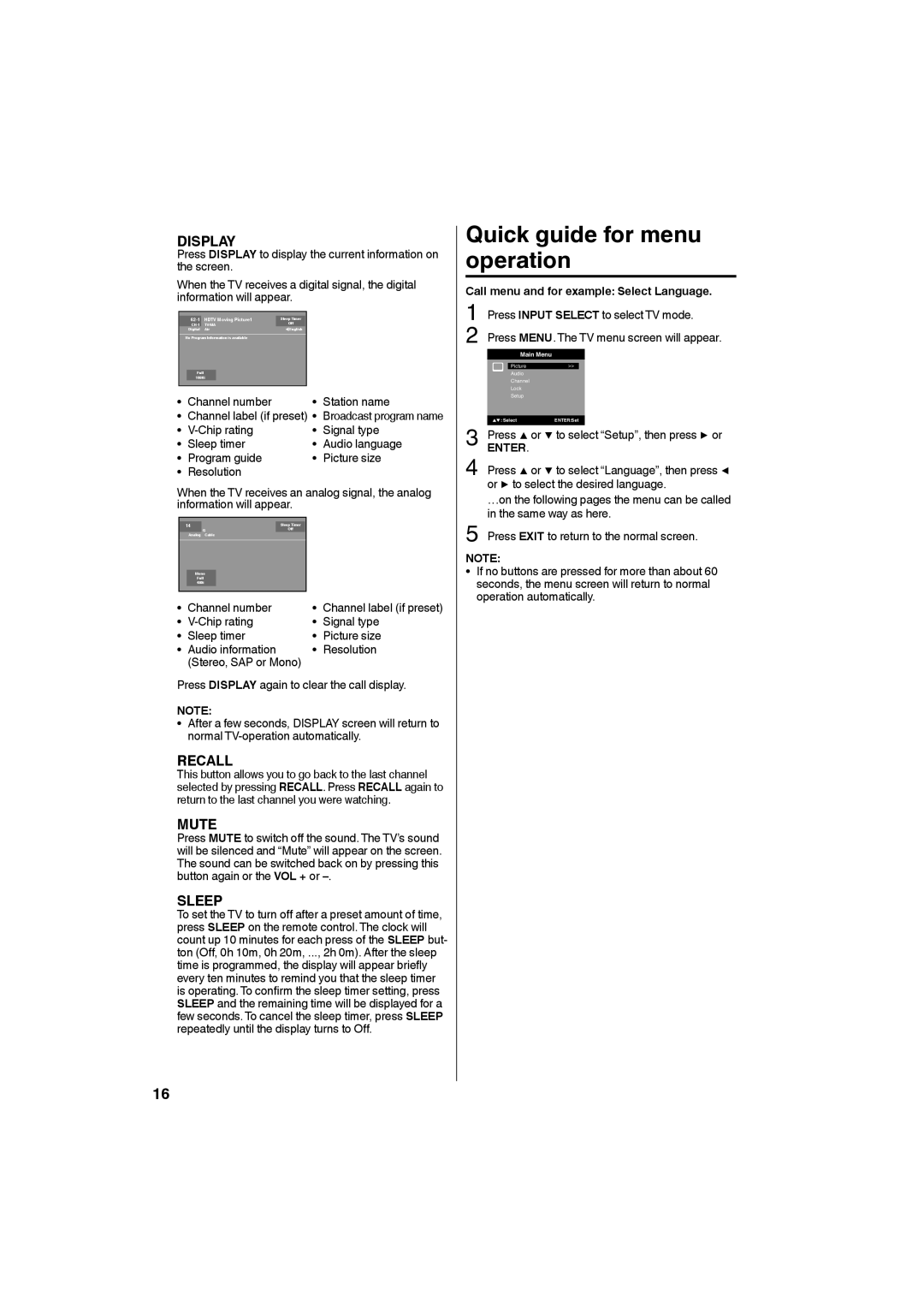 Sansui SLEDVD198 owner manual Quick guide for menu operation 