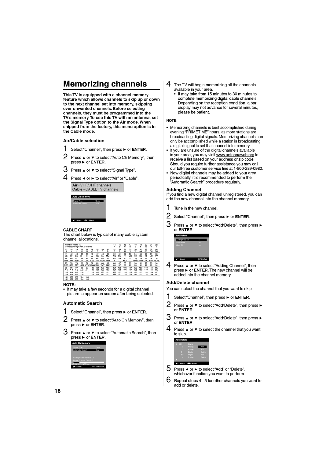 Sansui SLEDVD198 Memorizing channels, Air/Cable selection, Automatic Search, Adding Channel, Add/Delete channel 