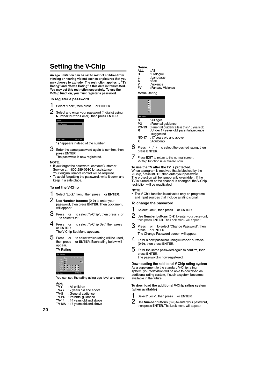 Sansui SLEDVD198 owner manual Setting the V-Chip, To register a password, To set the V-Chip, To change the password, All 