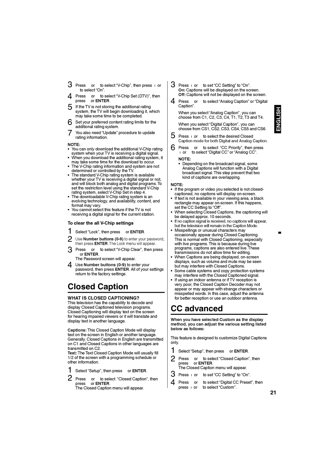 Sansui SLEDVD198 owner manual Closed Caption, CC advanced, To clear the all V-Chip settings, Or Enter 