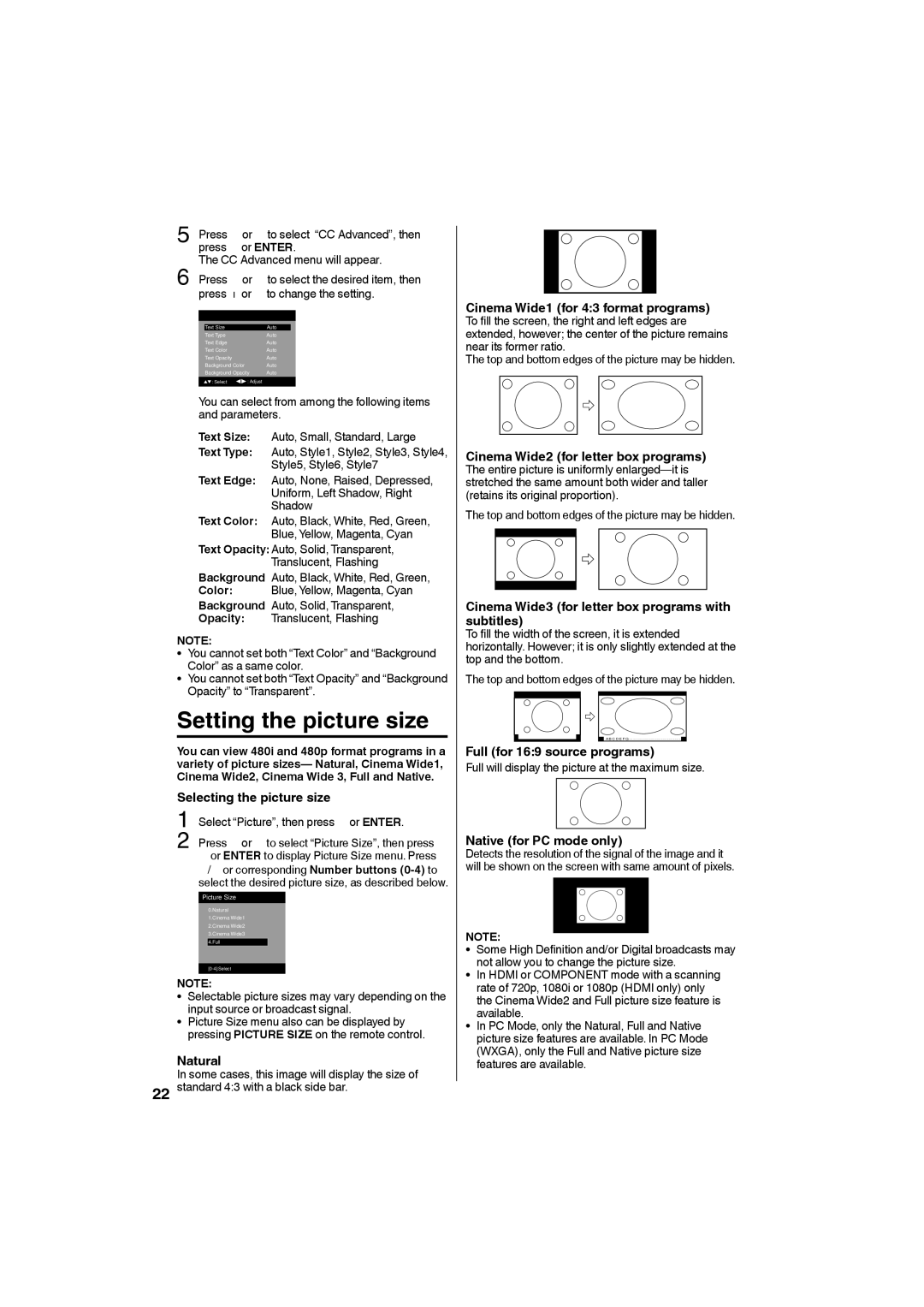 Sansui SLEDVD198 owner manual Setting the picture size 