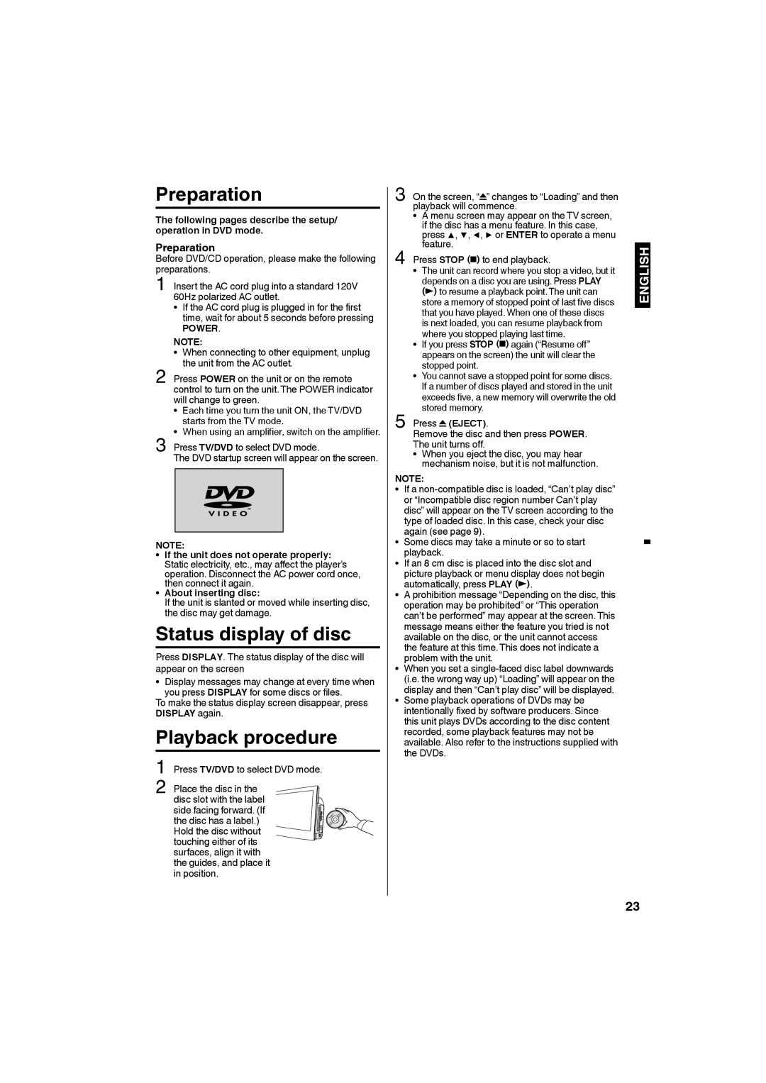 Sansui SLEDVD198 owner manual Preparation, Status display of disc, Playback procedure 