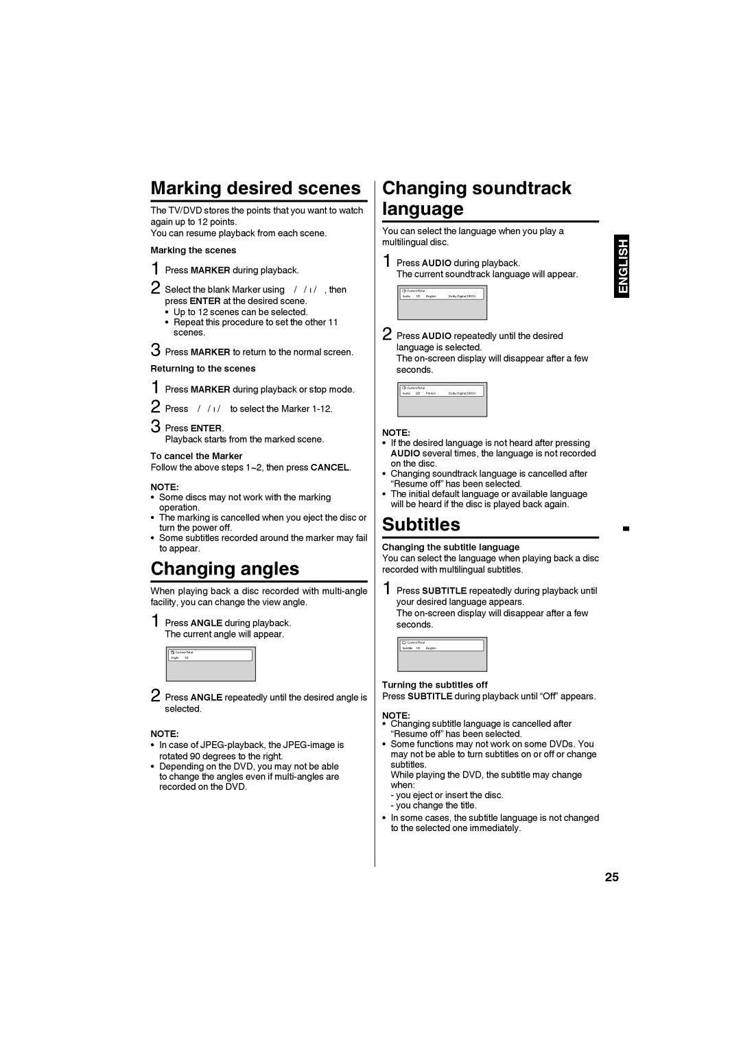 Sansui SLEDVD198 owner manual Marking desired scenes, Changing angles, Changing soundtrack language 