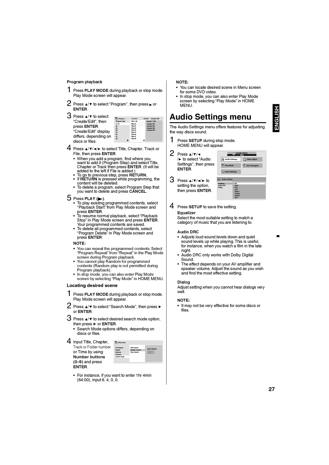 Sansui SLEDVD198 owner manual Audio Settings menu, Locating desired scene 