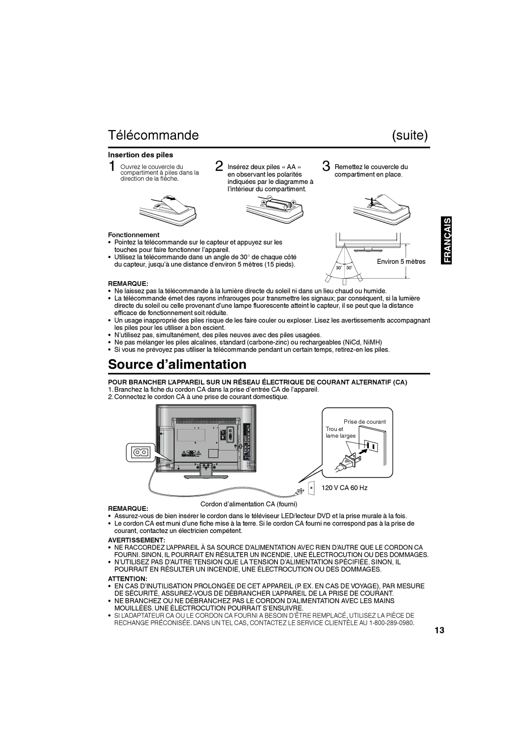 Sansui SLEDVD198 owner manual Télécommande Suite, Source d’alimentation, Insertion des piles, Fonctionnement, Avertissement 