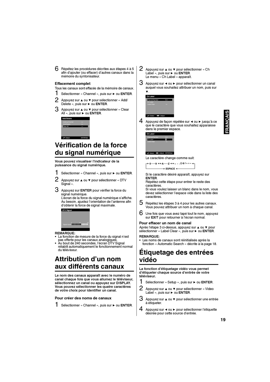 Sansui SLEDVD198 owner manual Vérification de la force du signal numérique, Attribution d’un nom aux différents canaux 