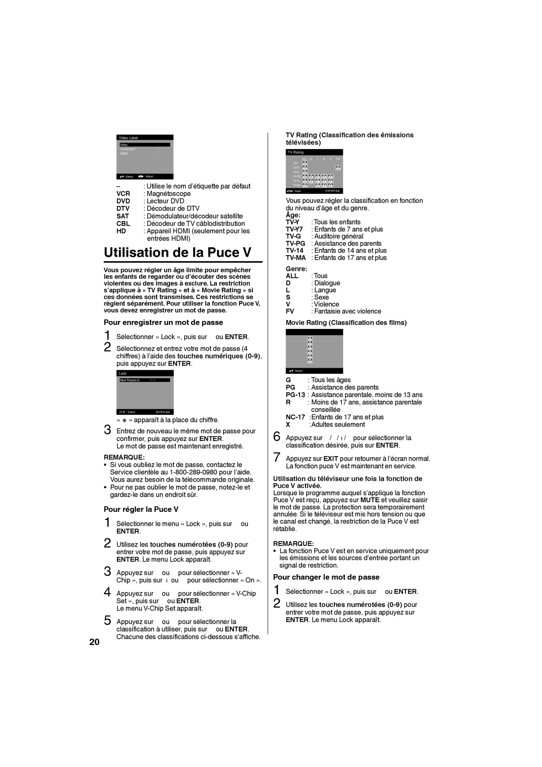 Sansui SLEDVD198 owner manual Utilisation de la Puce, Pour enregistrer un mot de passe, Pour régler la Puce 