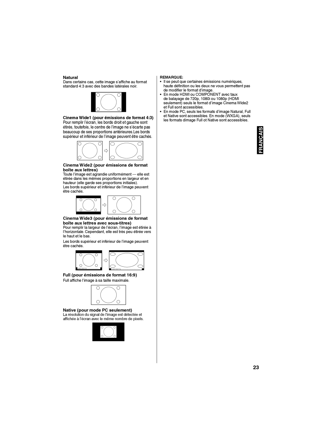 Sansui SLEDVD198 owner manual Cinema Wide2 pour émissions de format boîte aux lettres, Full pour émissions de format 