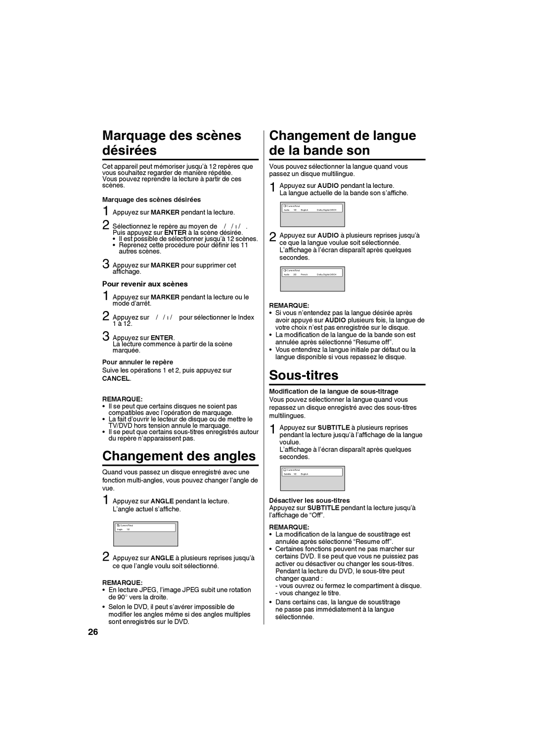 Sansui SLEDVD198 owner manual Marquage des scènes désirées, Changement de langue de la bande son, Sous-titres 