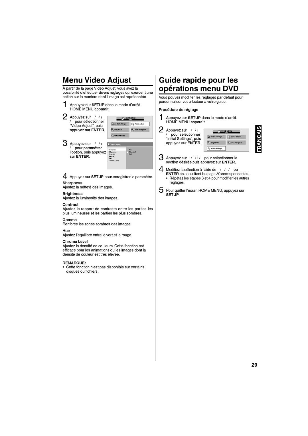 Sansui SLEDVD198 owner manual Menu Video Adjust, Guide rapide pour les opérations menu DVD, Procédure de réglage, Setup 