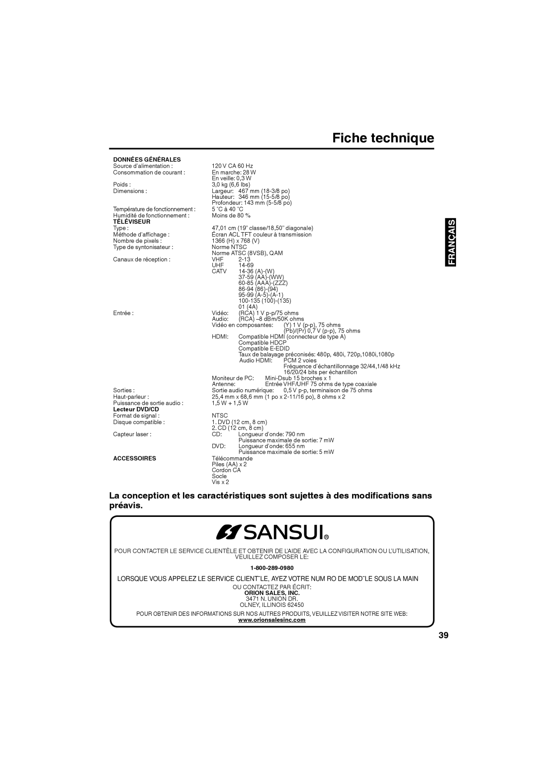 Sansui SLEDVD198 owner manual Fiche technique, Données Générales 