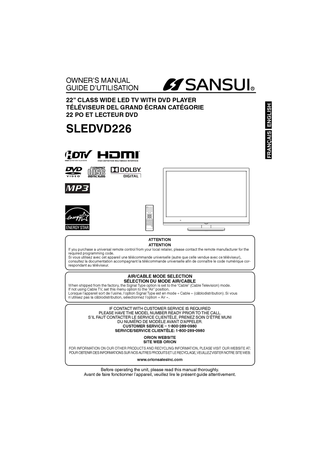 Sansui SLEDVD226 owner manual Customer Service, SERVICE/SERVICE Clientèle Orion Website Site WEB Orion 