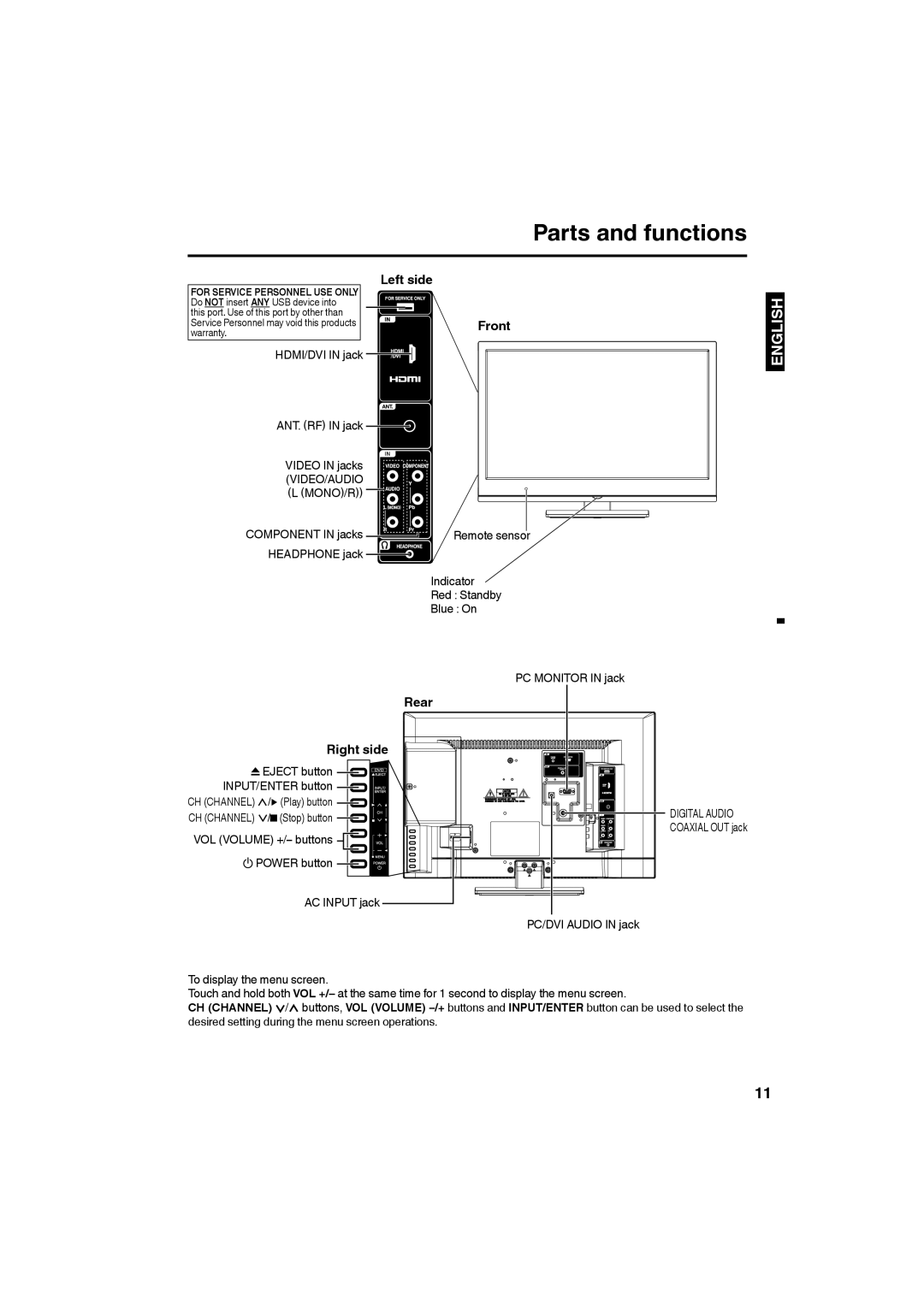 Sansui SLEDVD226 owner manual Parts and functions, Left side, Front, Rear Right side 