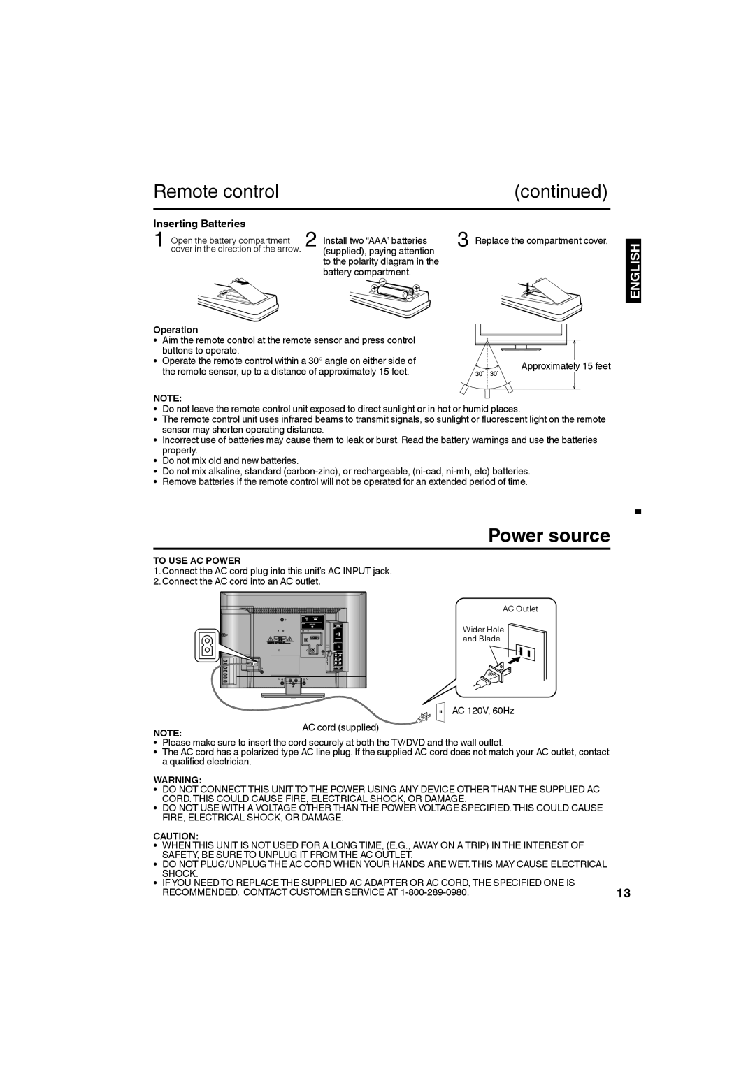 Sansui SLEDVD226 owner manual Power source, Inserting Batteries, Operation, To USE AC Power 