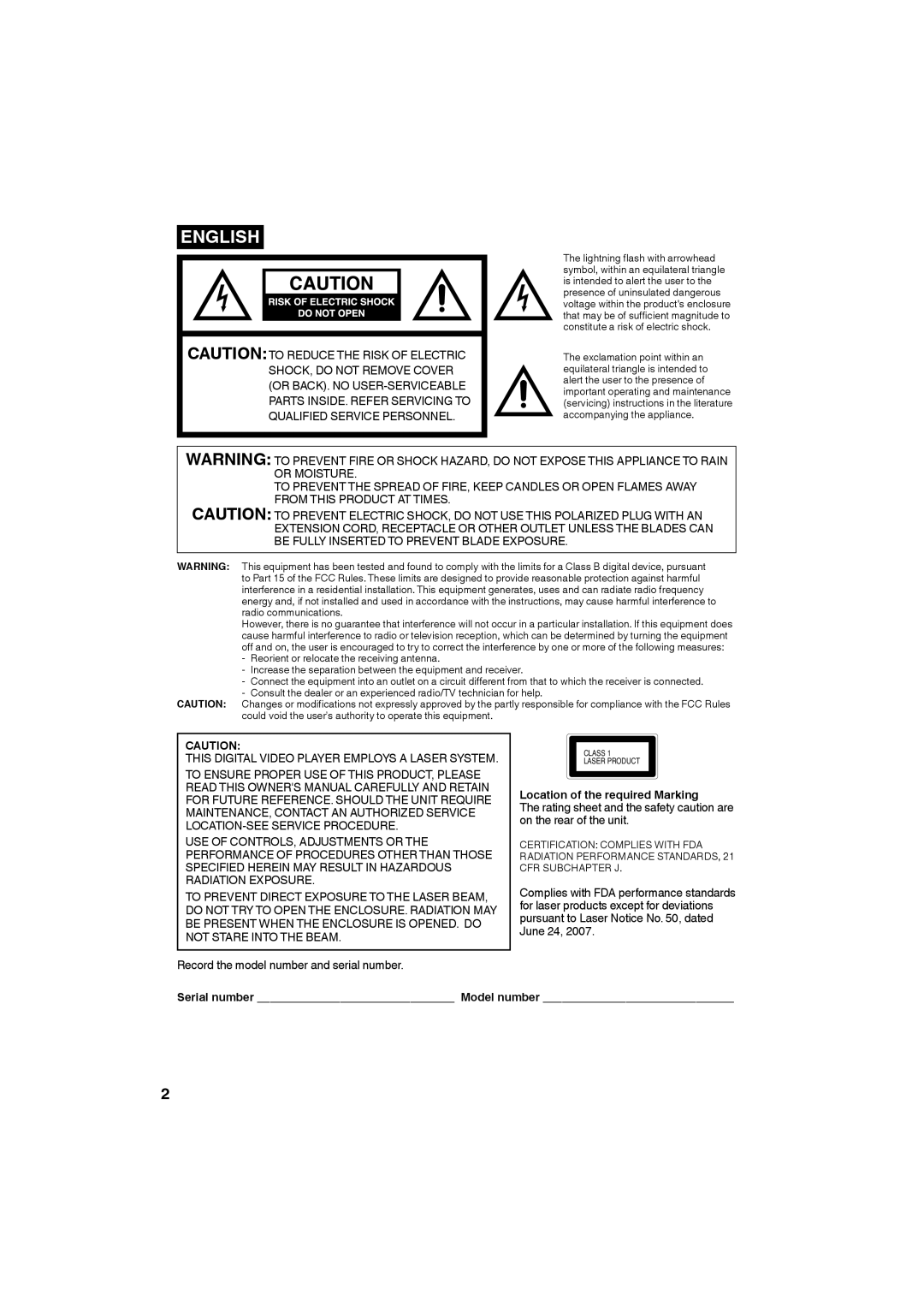 Sansui SLEDVD226 Record the model number and serial number, Location of the required Marking, Serial number Model number 