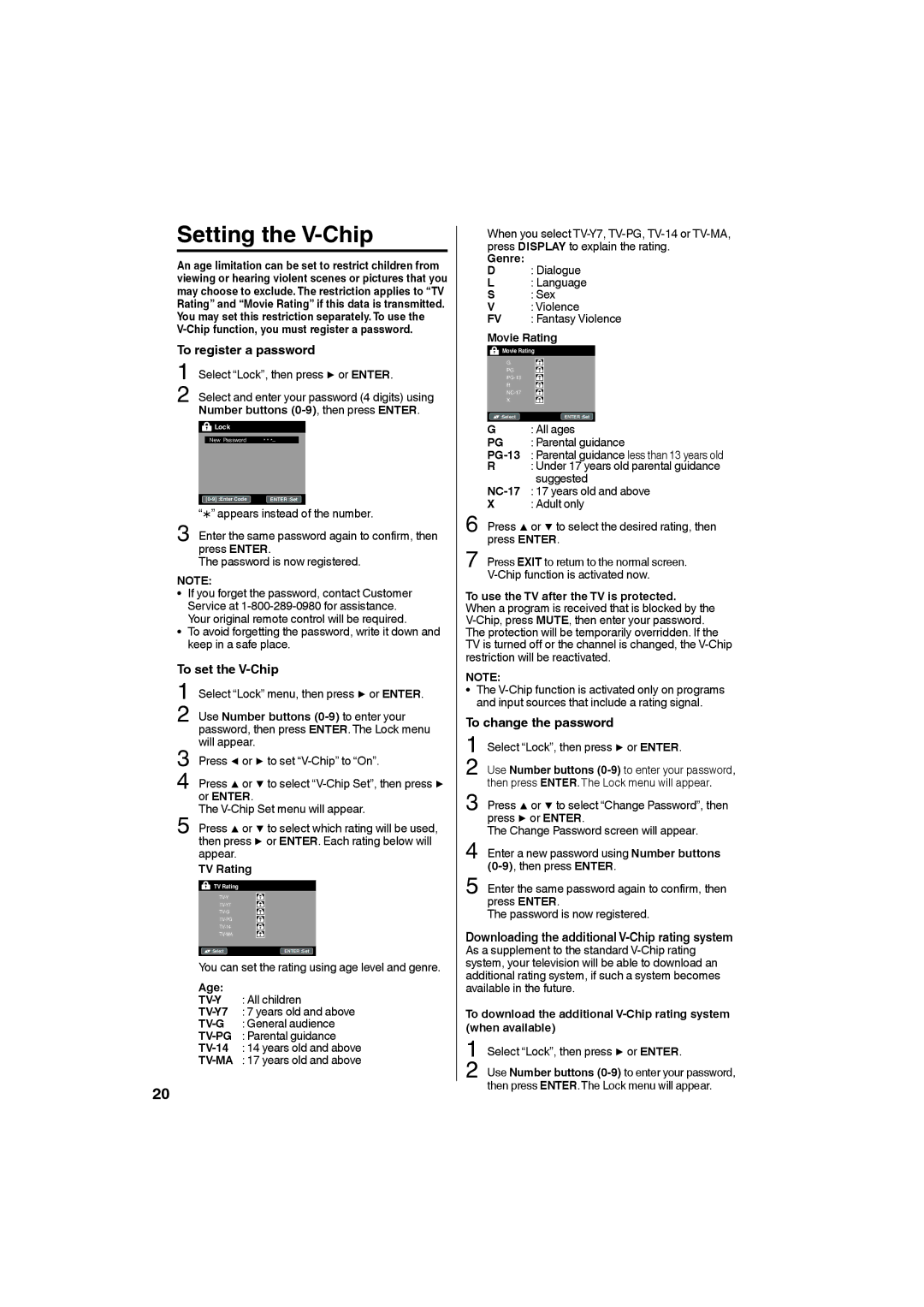 Sansui SLEDVD226 owner manual Setting the V-Chip, To register a password, To set the V-Chip, To change the password 