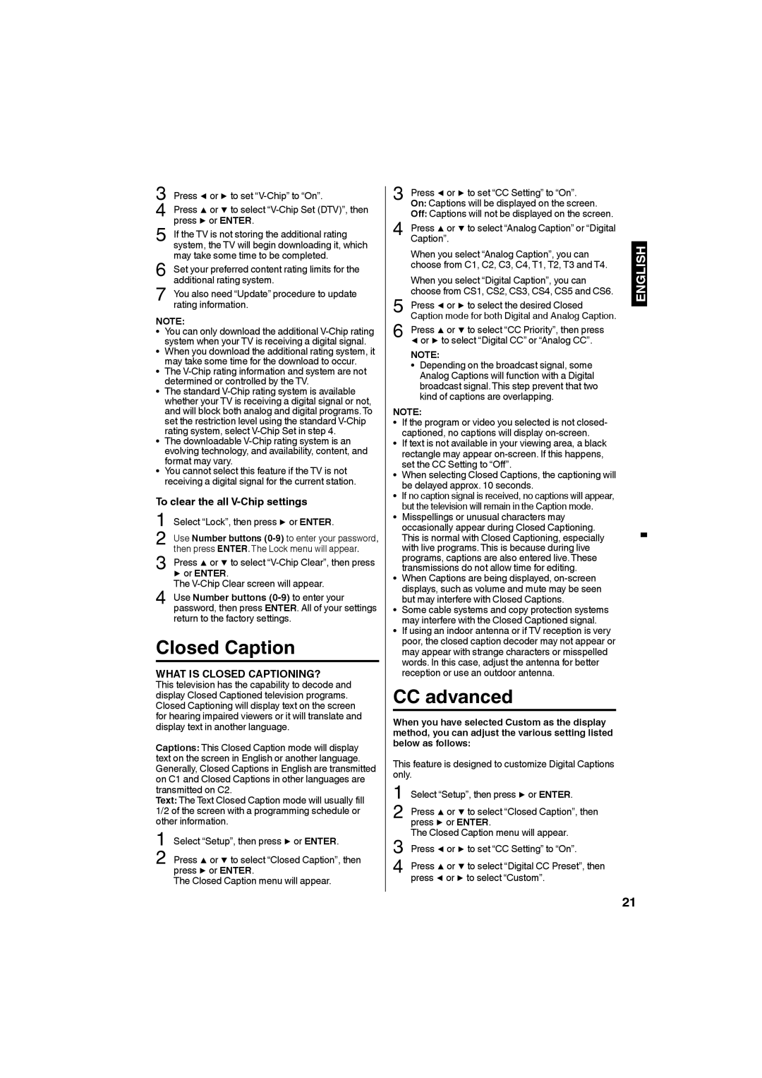 Sansui SLEDVD226 owner manual Closed Caption, CC advanced, To clear the all V-Chip settings, Or Enter 