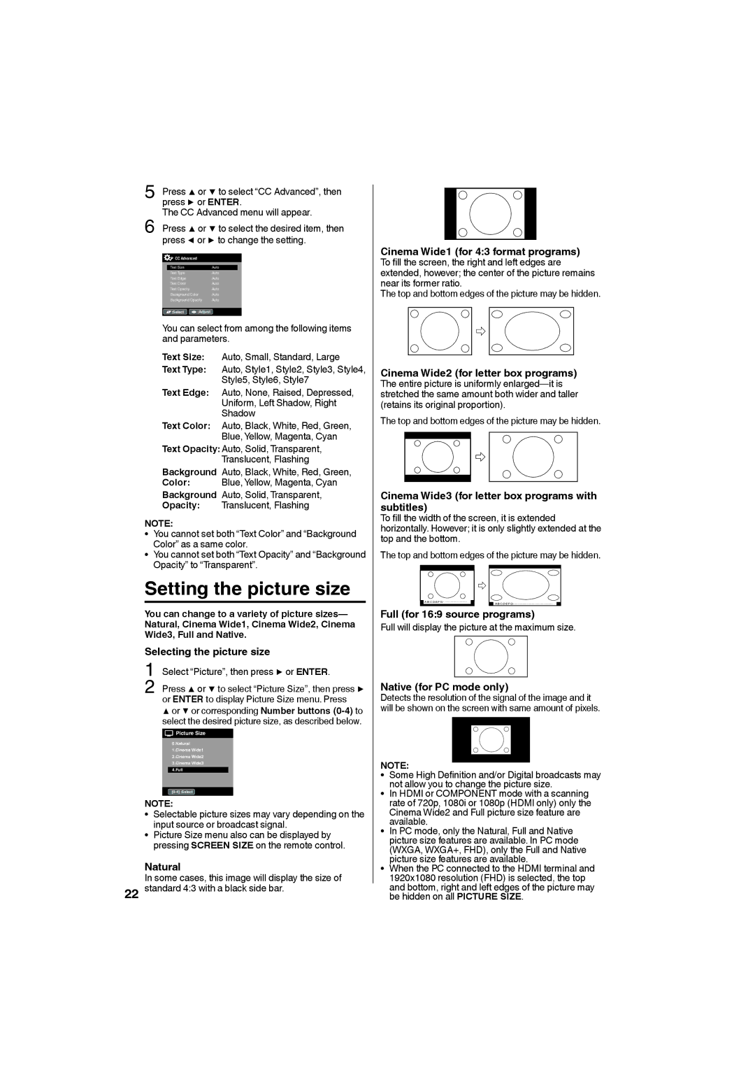 Sansui SLEDVD226 owner manual Setting the picture size 