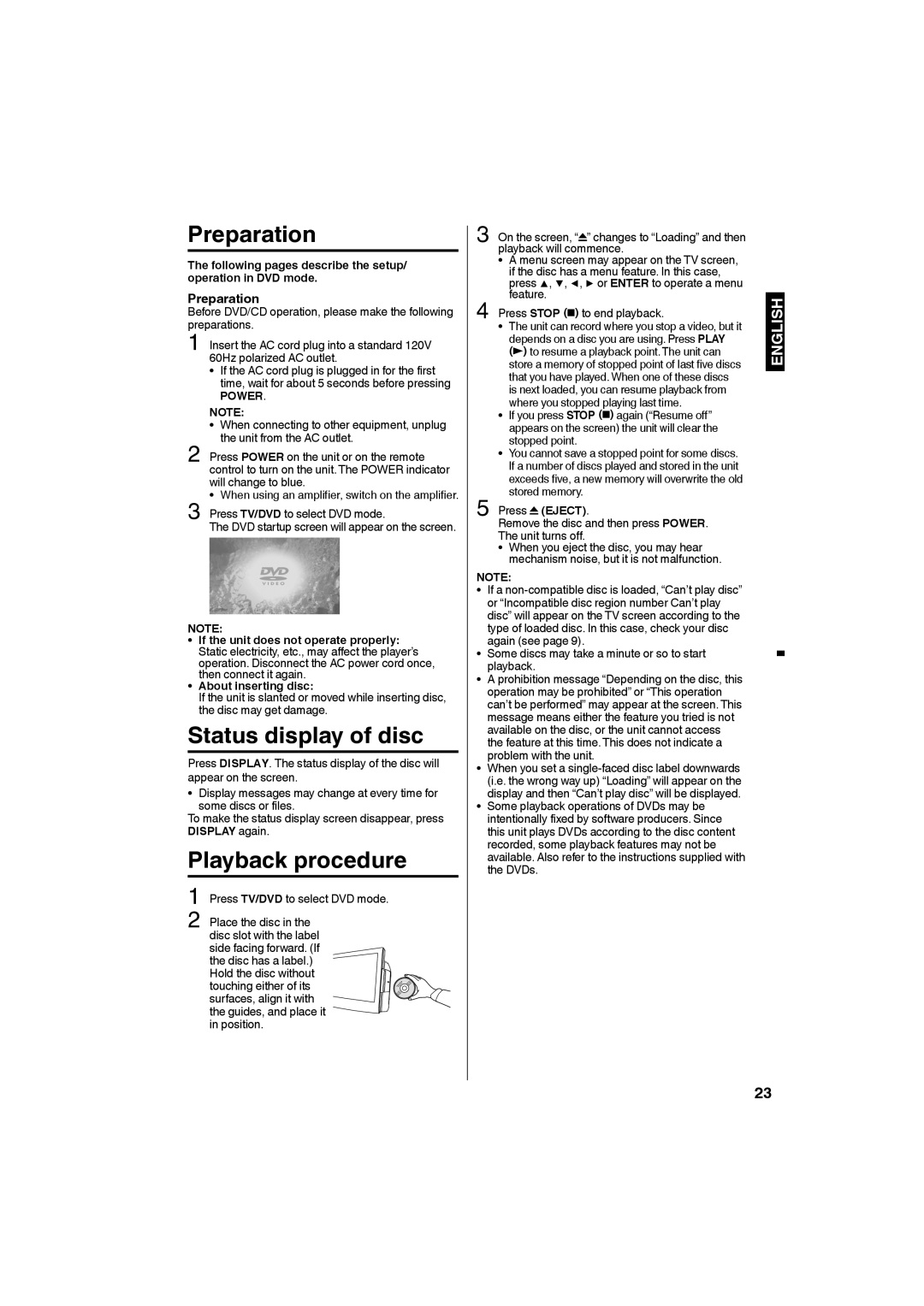 Sansui SLEDVD226 owner manual Preparation, Status display of disc, Playback procedure 