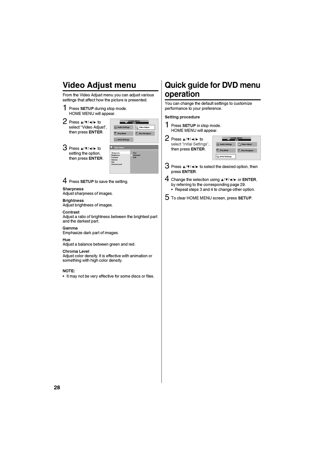 Sansui SLEDVD226 owner manual Video Adjust menu, Quick guide for DVD menu operation 