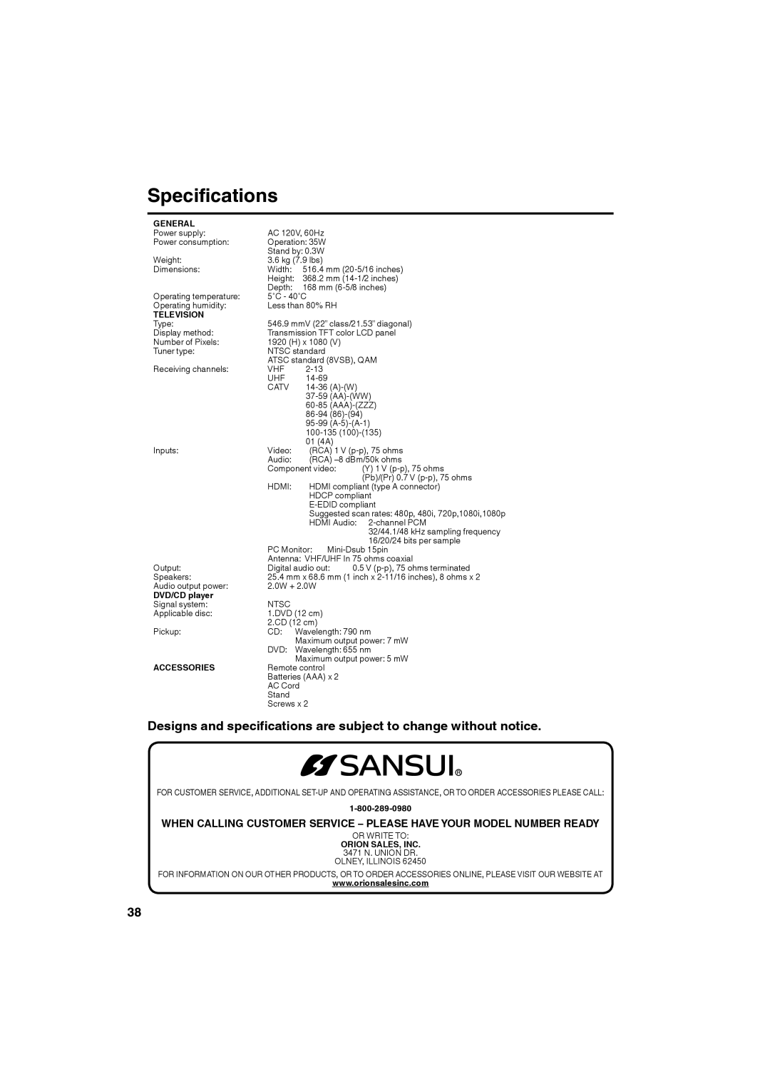 Sansui SLEDVD226 owner manual Specifications, General 