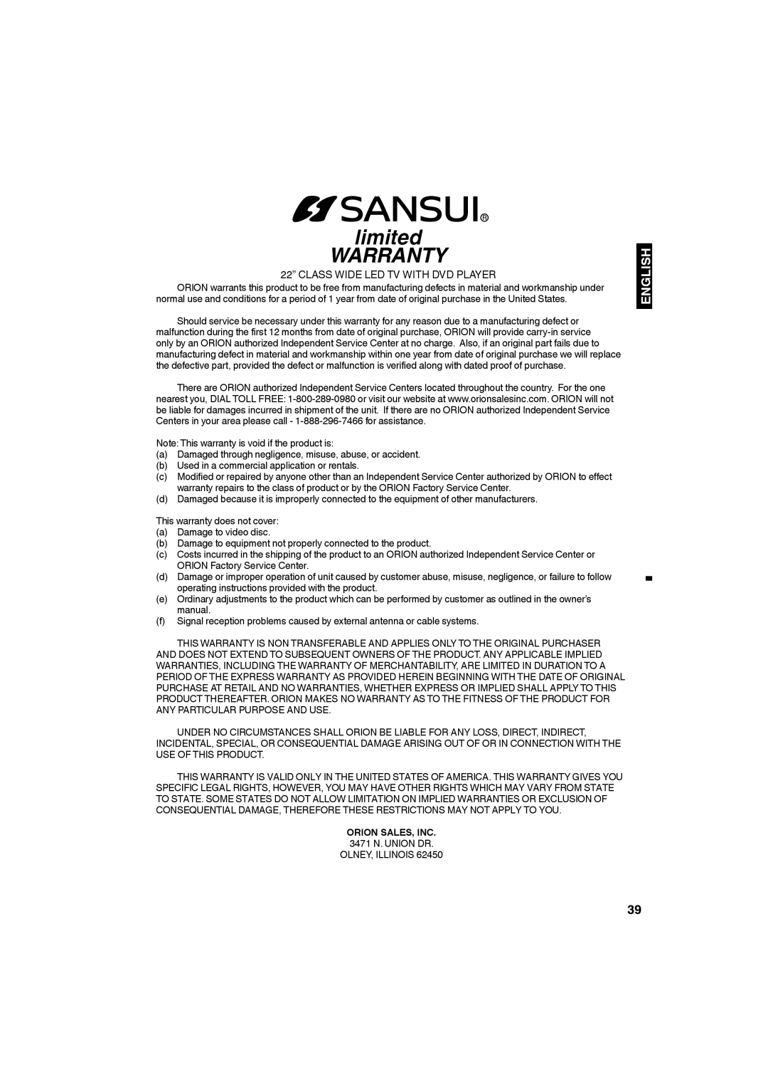 Sansui SLEDVD226 owner manual Orion SALES, INC, 3471 N. Union DR 