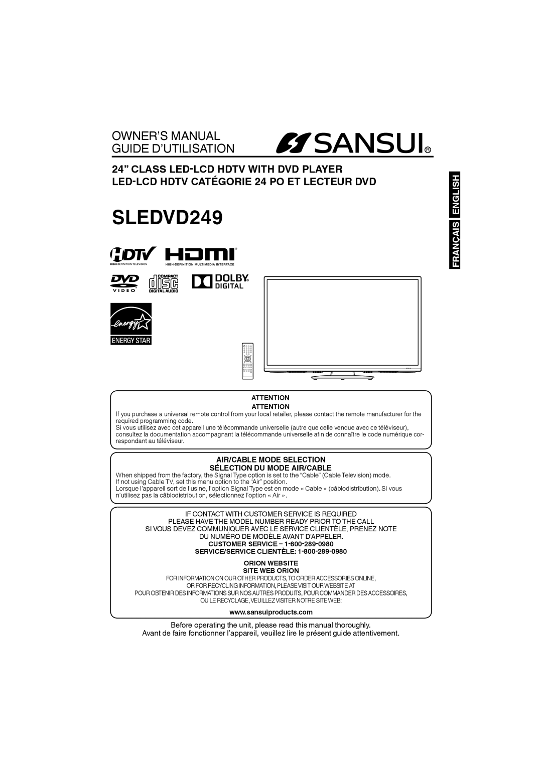 Sansui SLEDVD249 owner manual Customer Service, SERVICE/SERVICE Clientèle Orion Website Site WEB Orion 