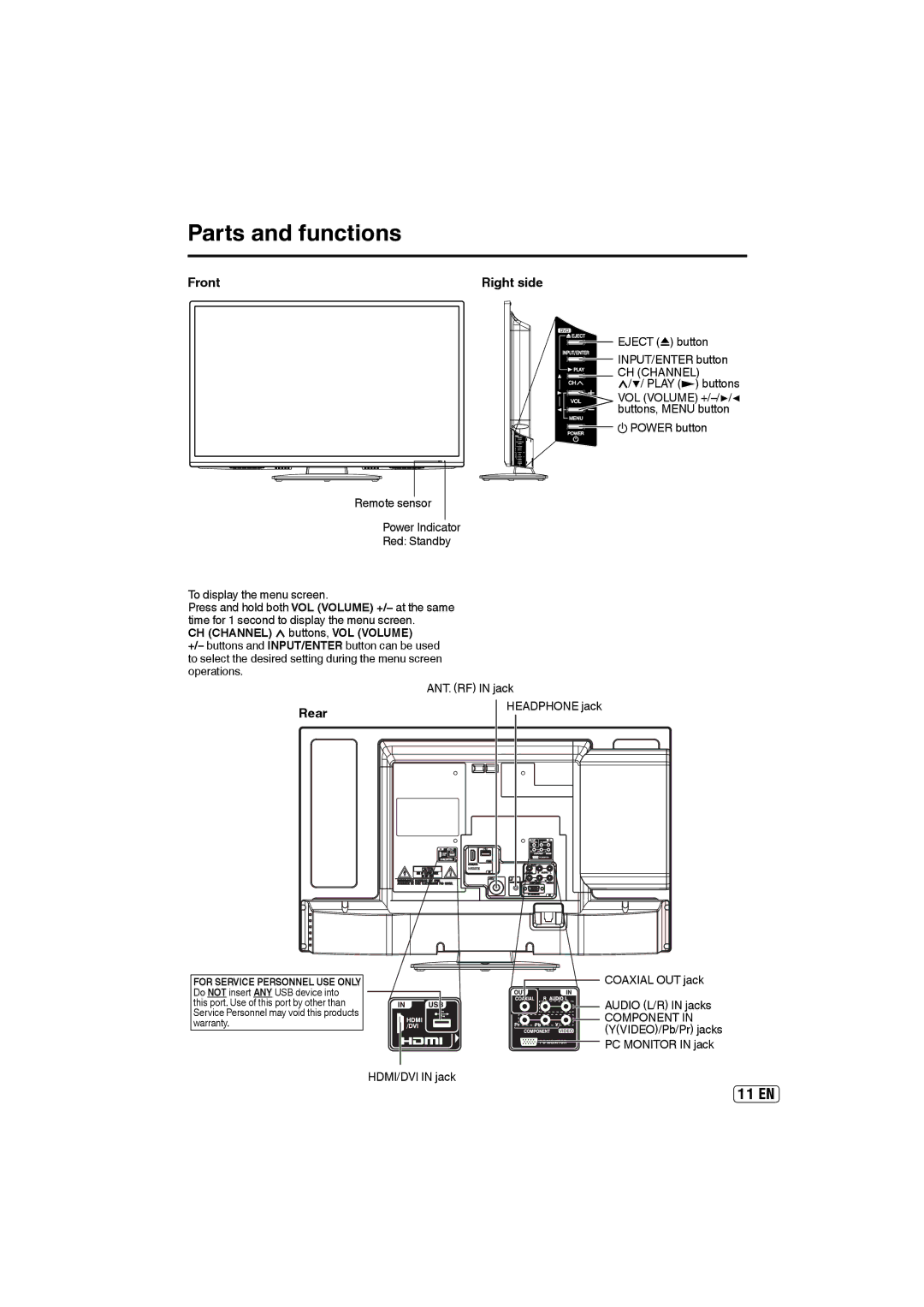 Sansui SLEDVD249 owner manual Parts and functions, Front, Rear, CH Channel 