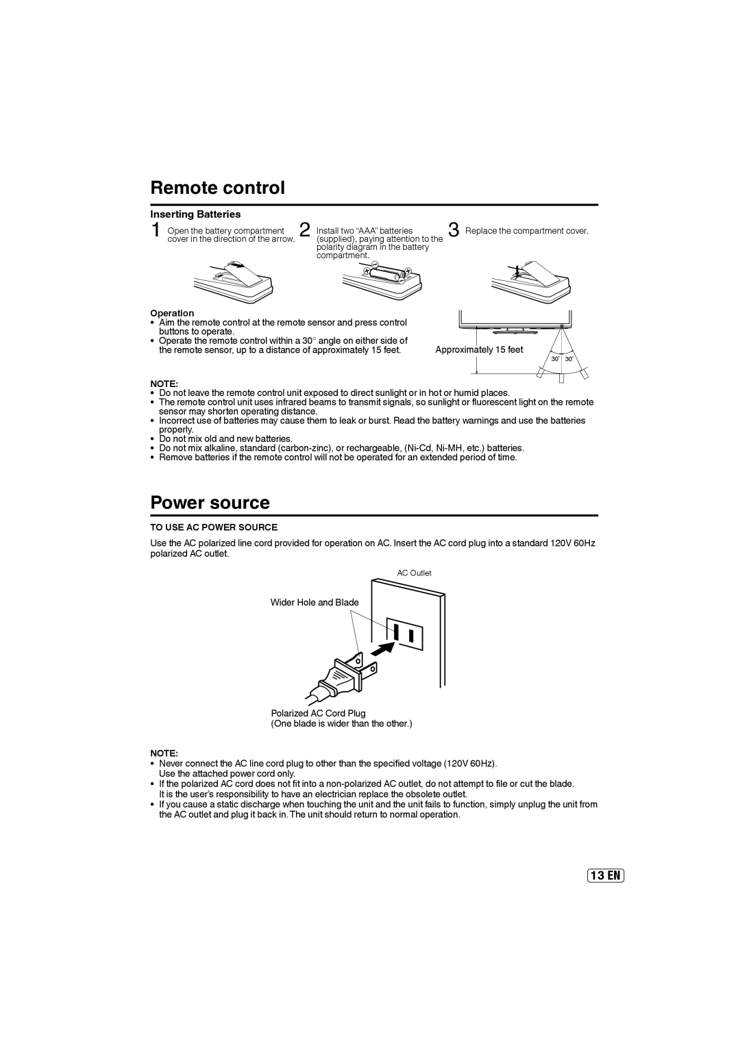 Sansui SLEDVD249 owner manual Power source, Inserting Batteries, Operation, Sensor may shorten operating distance 