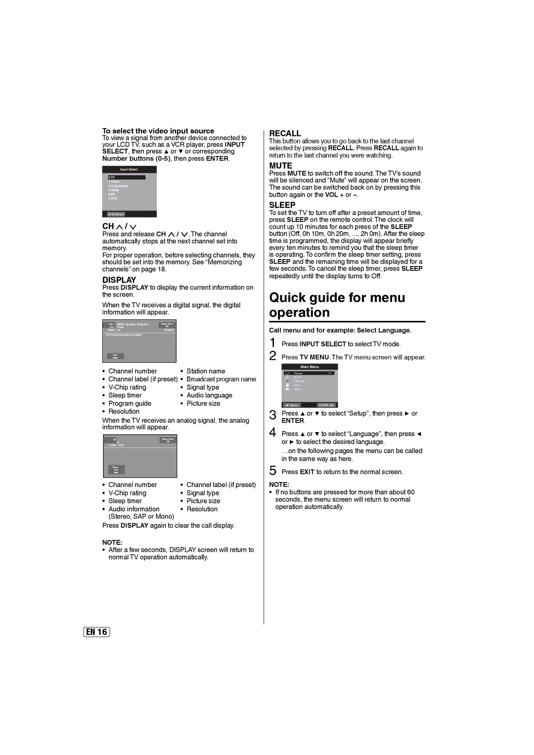 Sansui SLEDVD249 owner manual Quick guide for menu operation, To select the video input source, Channel number Station name 