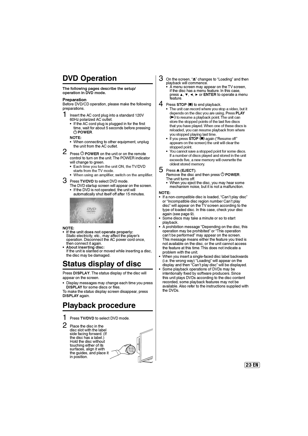 Sansui SLEDVD249 owner manual DVD Operation, Status display of disc, Playback procedure, Preparation 