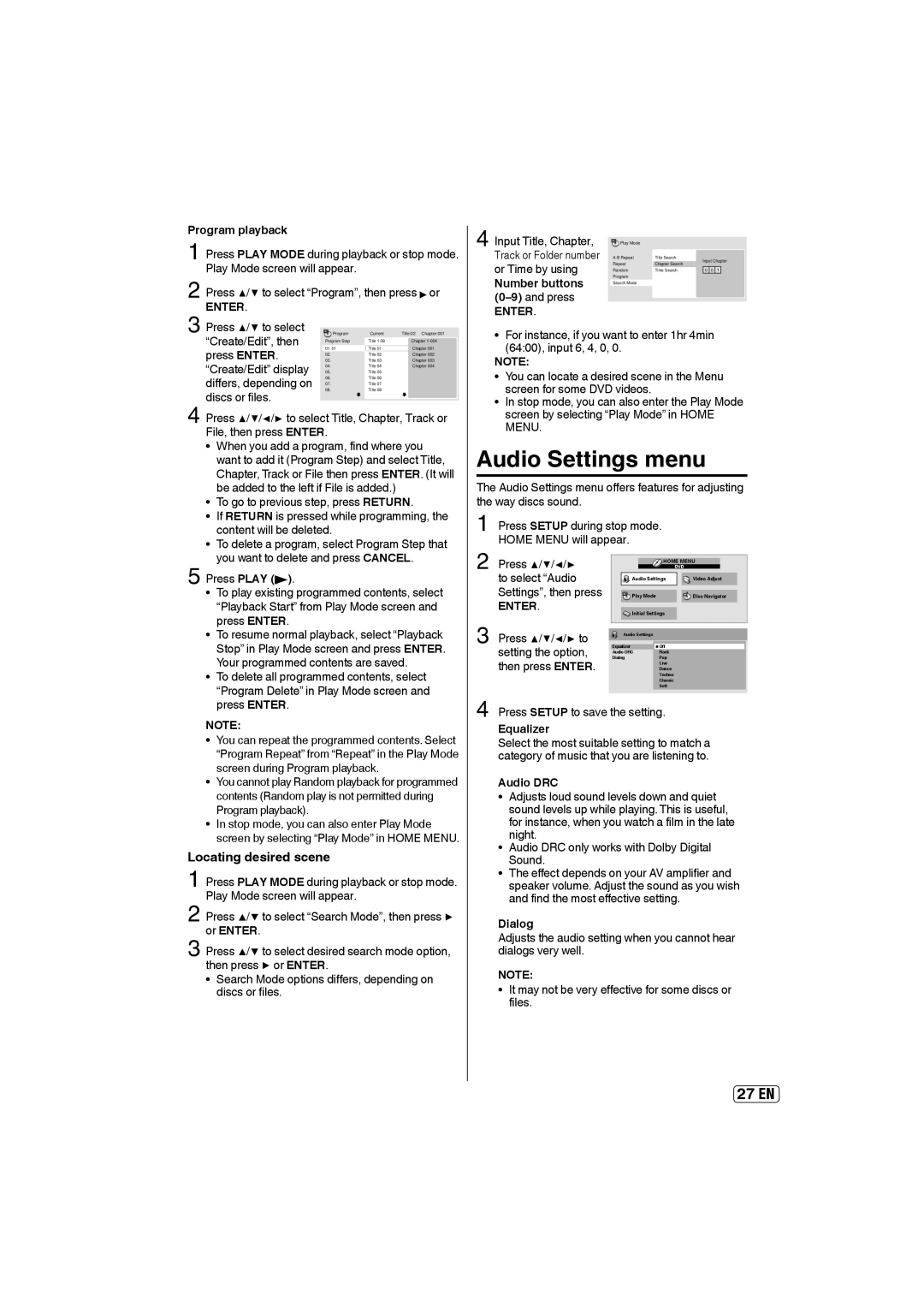 Sansui SLEDVD249 owner manual Audio Settings menu, Locating desired scene 