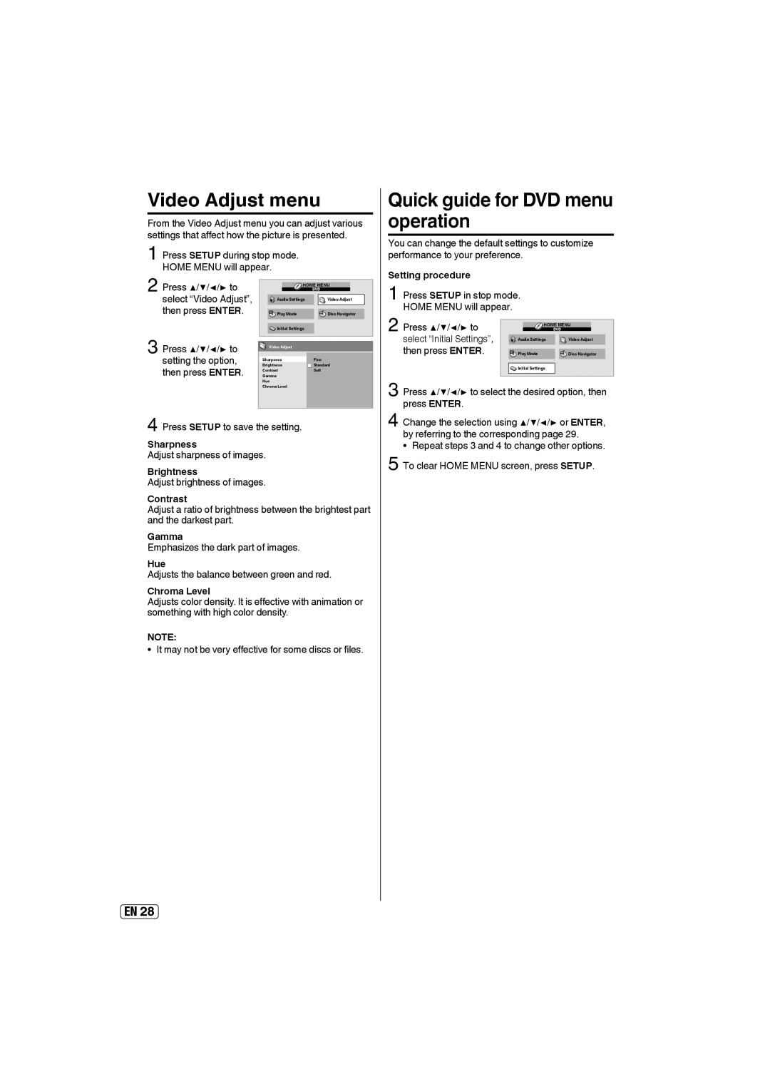 Sansui SLEDVD249 owner manual Video Adjust menu, Quick guide for DVD menu operation 